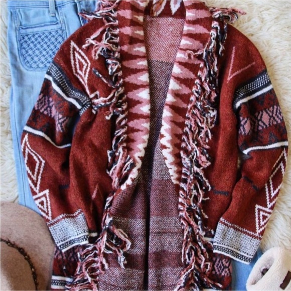 New Cowichan Native Print Fringed Blanket Cardigan Sweater Western - Picture 4 of 4